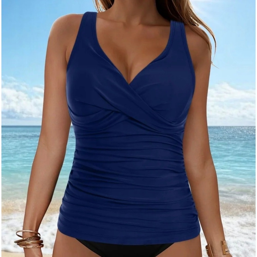 City Chic Womens Navy Blue Ruched Wrap V-Neck Tankini Swim Top XS Plus Size